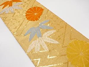 アンティーク　幾何学に菊・笹模様織り出し袋帯（着用可）